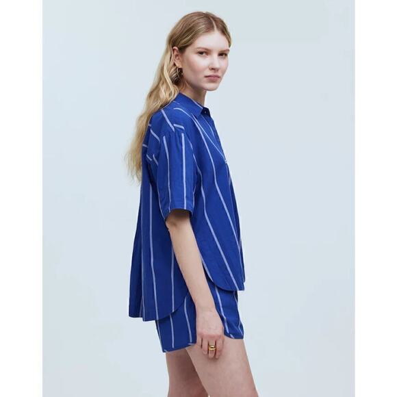 Madewell Signature Poplin Top Striped Oversized Boxy Button Up  Pure Blue NWT S - Picture 4 of 11